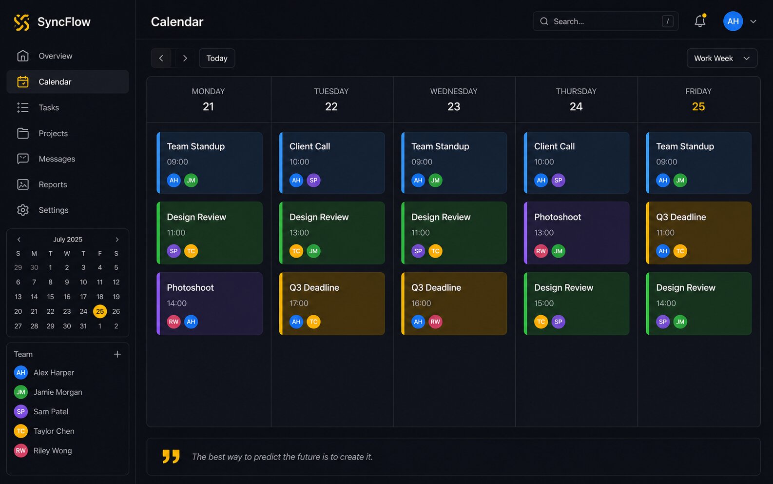 SyncFlow weekly calendar dashboard with color-coded events